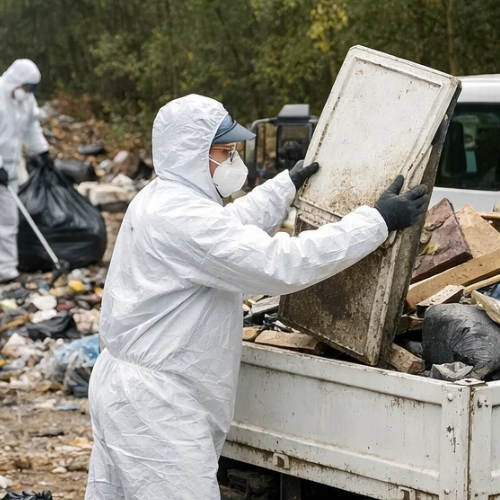 Travailleur en combinaison effectuant un ramassage de débris sur un terrain  à Terrebonne